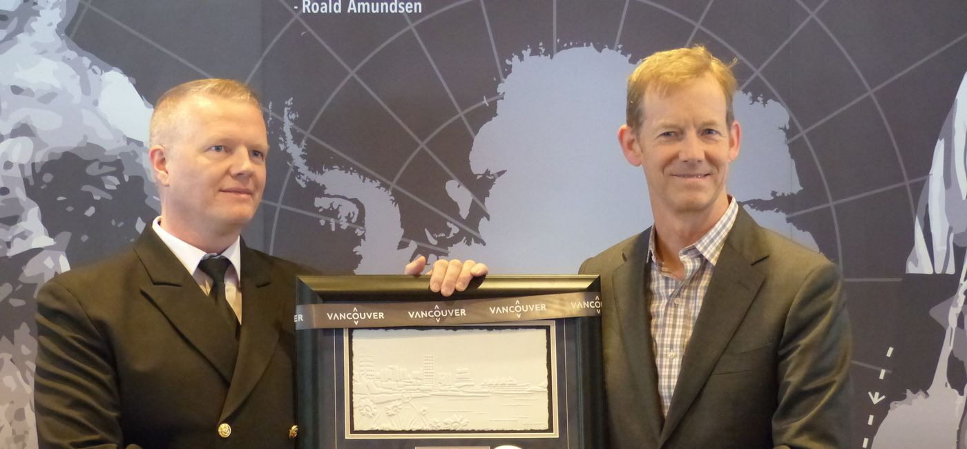 Image: MS Roald Amundsen Capt. Torry Sakkariassen and Ty Speer is CEO of Tourism Vancouver at the ceremony marking the ship’s arrival in Vancouver. (PHOTO: Linda Barnard)