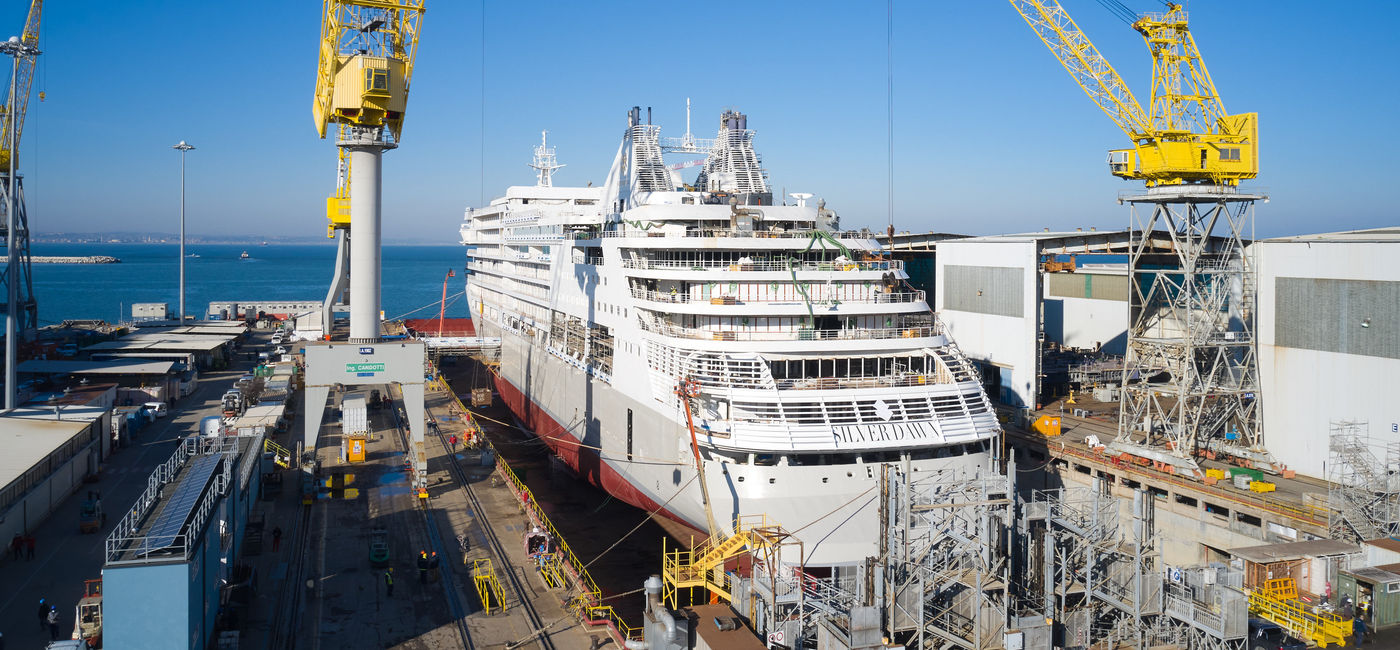 Image: The Silver Dawn is floated out in the Fincantieri shipyard in Ancona, Italy, on Jan. 14, 2021. (Photo courtesy of Silversea Cruises)