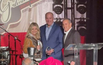 Chamber President and CEO Gina Spagnola (left) stands with Carnival Cruise Line's Chief Communications Officer Chris Chiames (middle) and 2023 Galveston Chamber Board Chair Steve Conner (right).