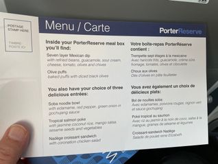 Menu on Porter Airlines