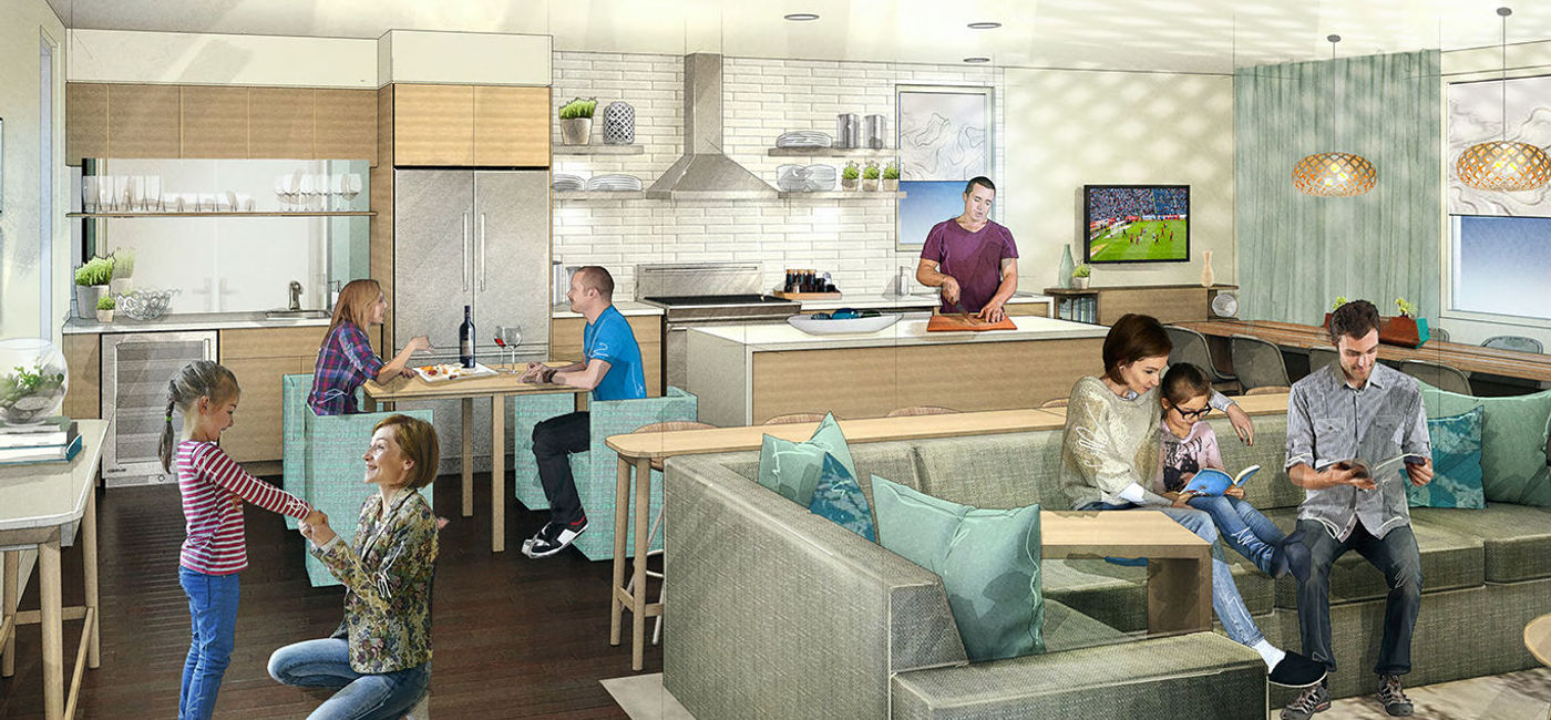 Image: Element's Studio Commons features a communal shared space among several guest rooms. Illustration courtesy Element Hotels. (Illustration courtesy Element Hotels.)