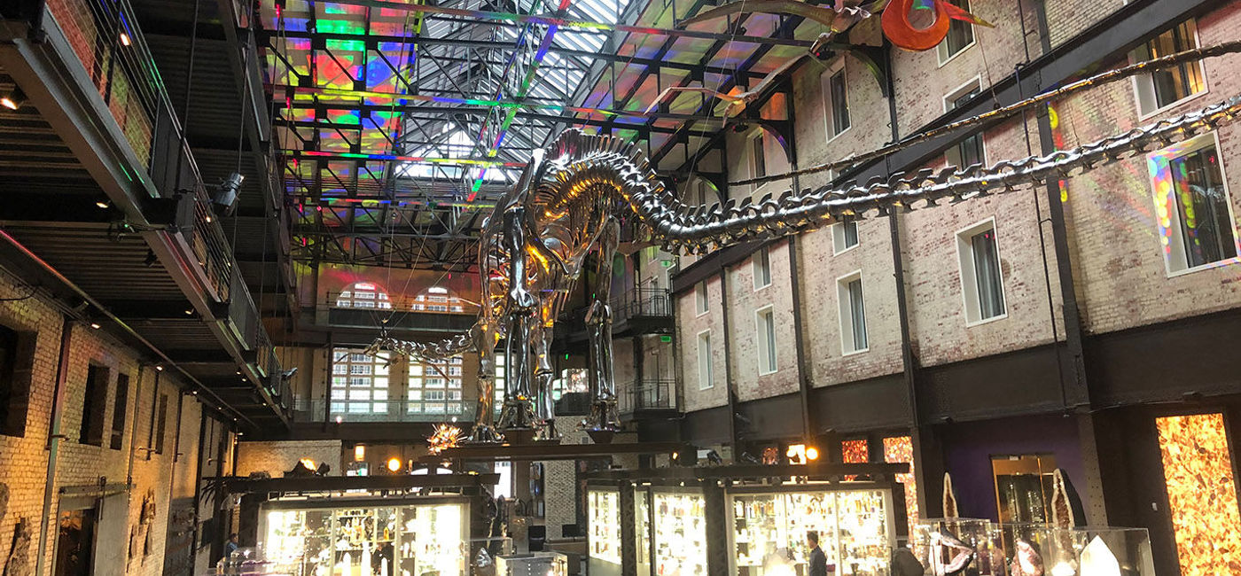 Image: The stunning atrium of the JW Marriott Plant Riverside District in Savannah features shops, science artifacts and even a 137-foot chrome-dipped dinosaur skeleton. (Photo by Paul Heney.)