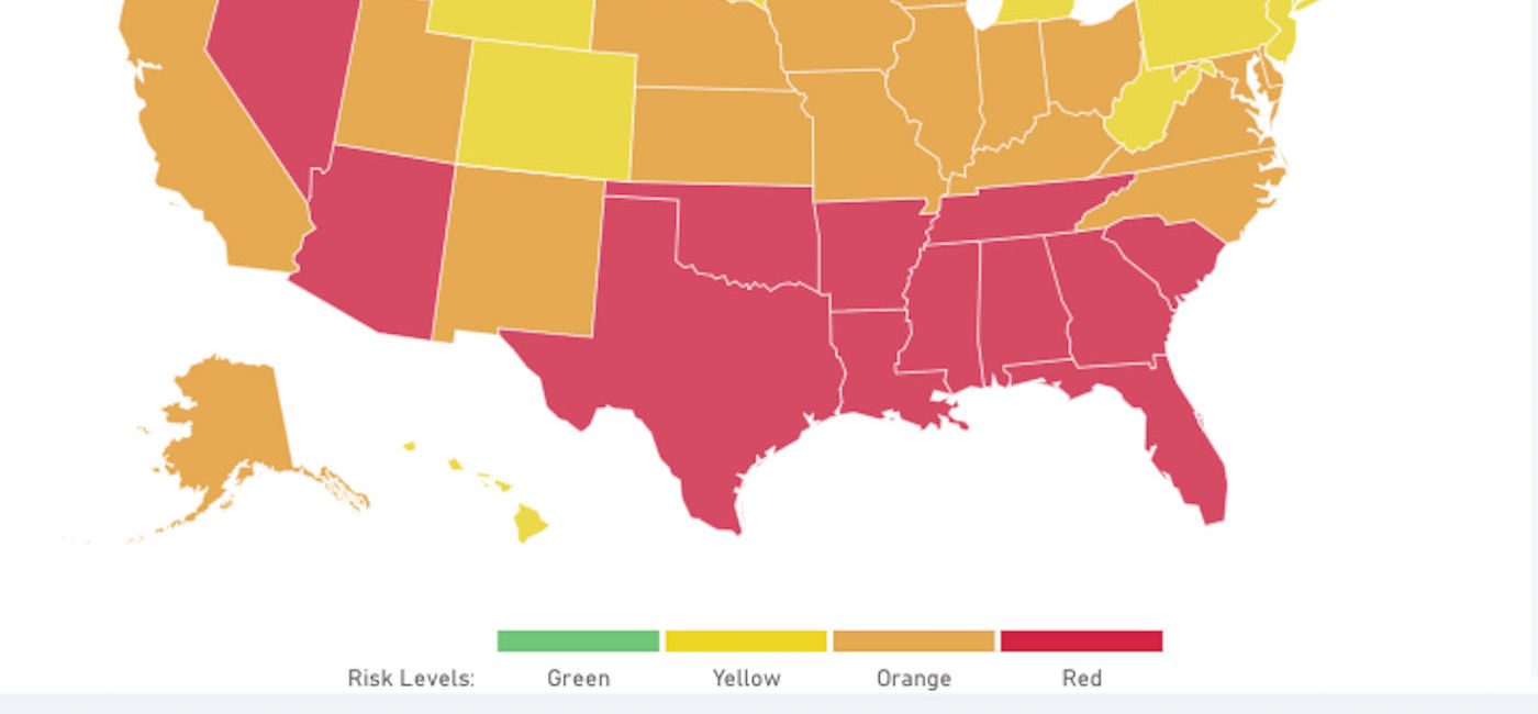 Image: PHOTO: Harvard Global Health Institute's COVID Risk Level Map of the U.S. on July 29, 2020. (Image via Harvard Global Health Institute)
