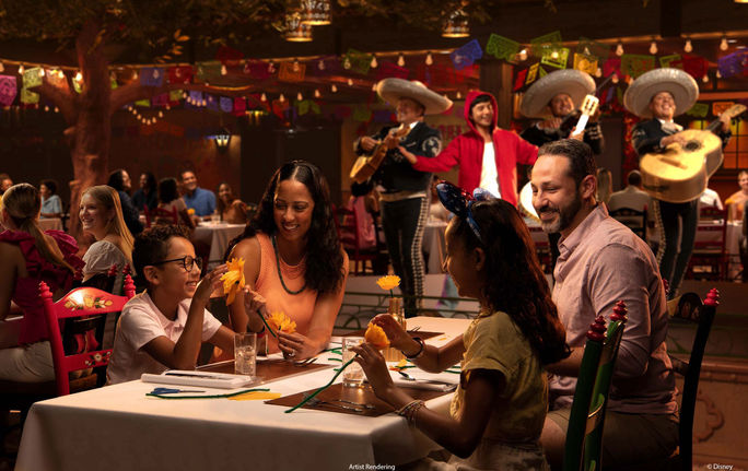Families will be immersed in the world and music of Coco at Plaza de Coco, only onboard the Disney Treasure. Disney Cruise Line, new cruise ships 2024, plaza de coco, Disney Treasure