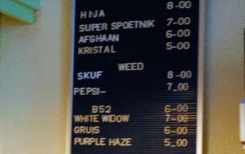 Price board at Netherlands weed shop