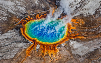 Aerial view of the Grand Prismatic Spring in Yellowstone National Park