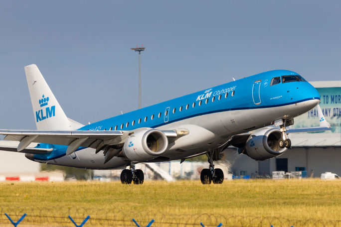 KLM Cityhopper flight landing in Prague, Czech Republic