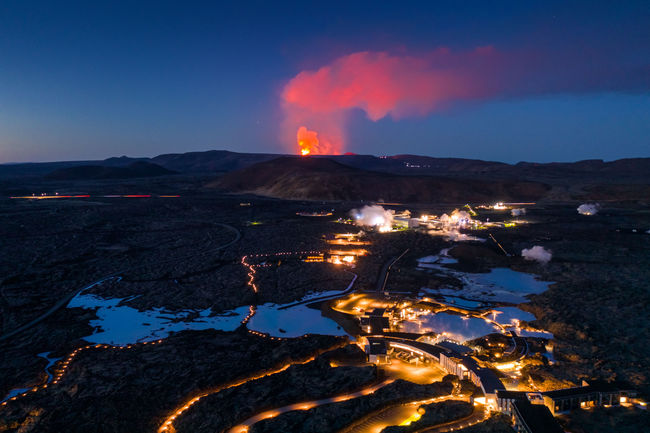 Image: An aerial view of the erupting volcano in Grindavik, Iceland in 2022. (photo via Blue Lagoon Iceland) (Photo Credit: (photo via Blue Lagoon Iceland))