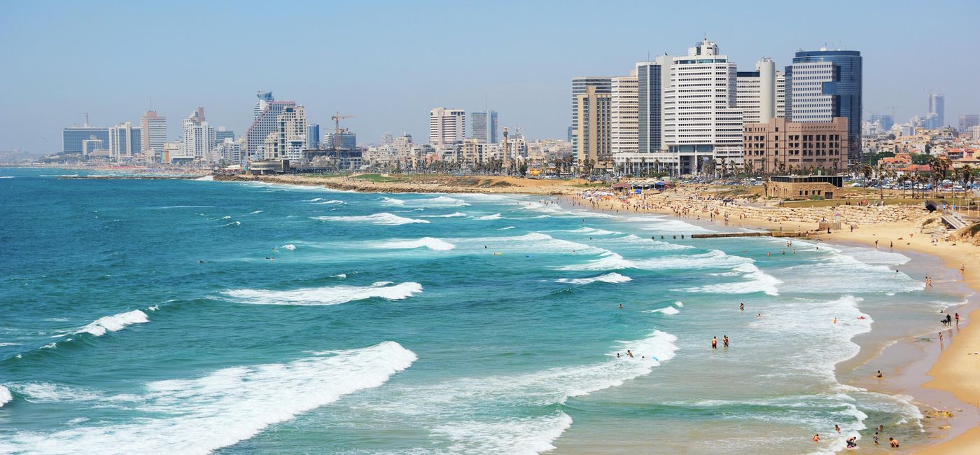 Image: Aerial view of the beach in Tel Aviv, Israel. (photo via vblinov/iStock/Getty Images Plus)