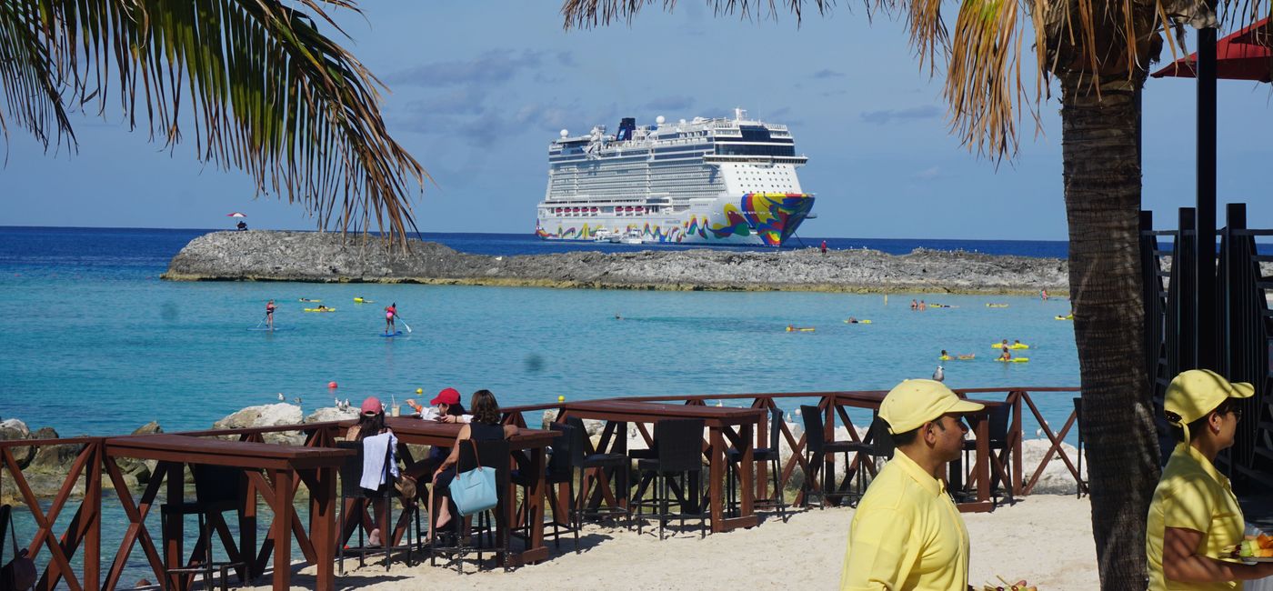 Image: Norwegian Encore off Great Stirrup Cay in the Bahamas. (Photo by Brian Major)