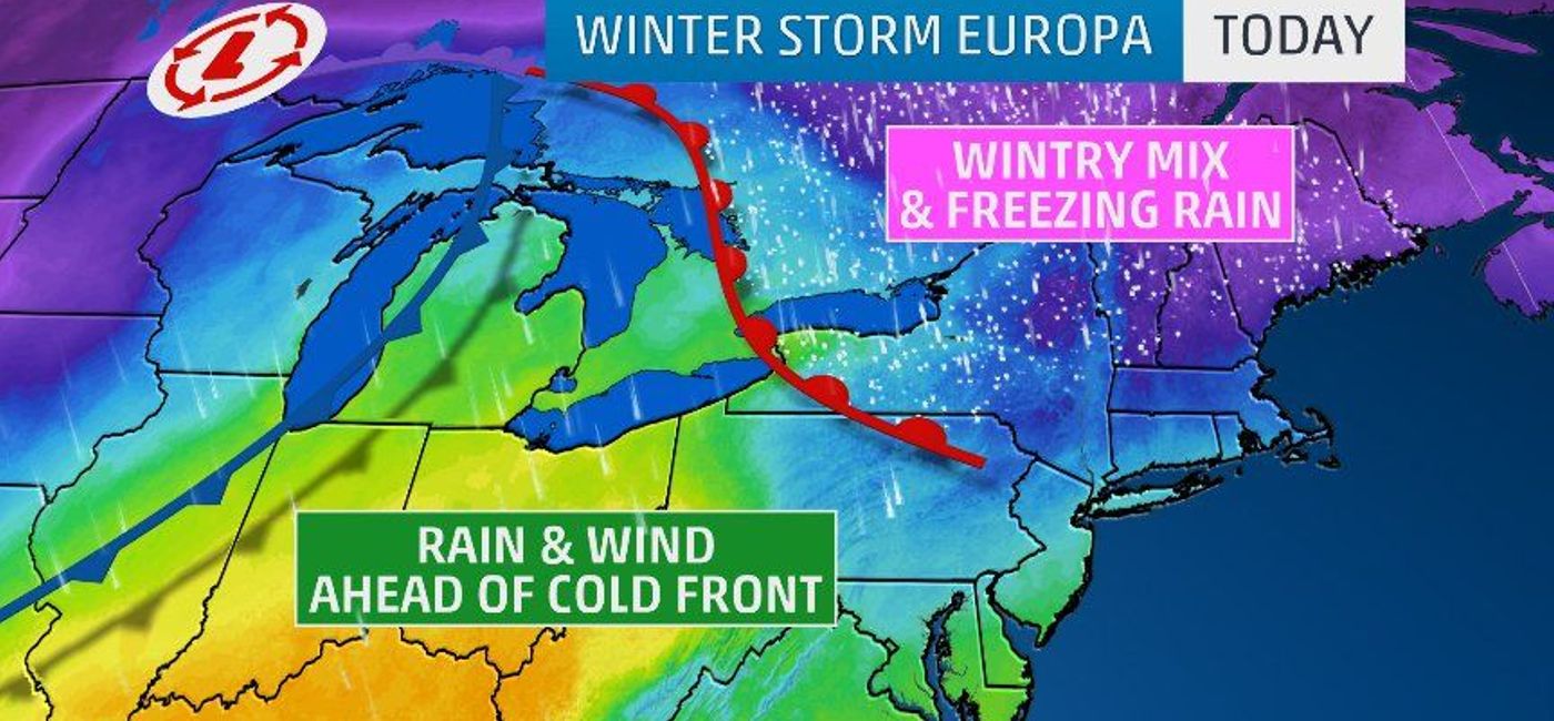 Image: Winter Storm Europa’s path across the United States.  (Photo via @WeatherChannel)