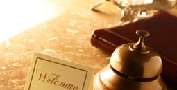 Welcome card, service bell, hotel desk, front desk, reception