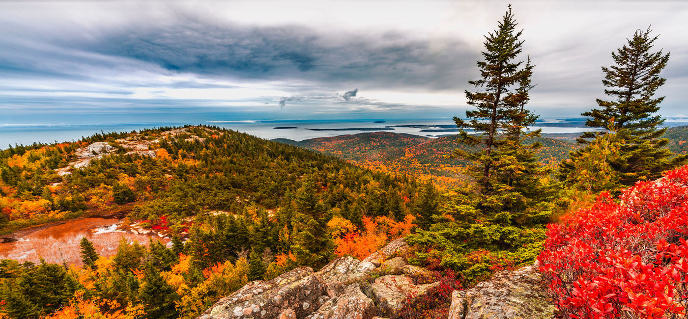 Image: Fall Foliage atop Cadillac Mountain in Acadia National Park, Maine. (photo via Don Donelson/iStock/Getty Images Plus)