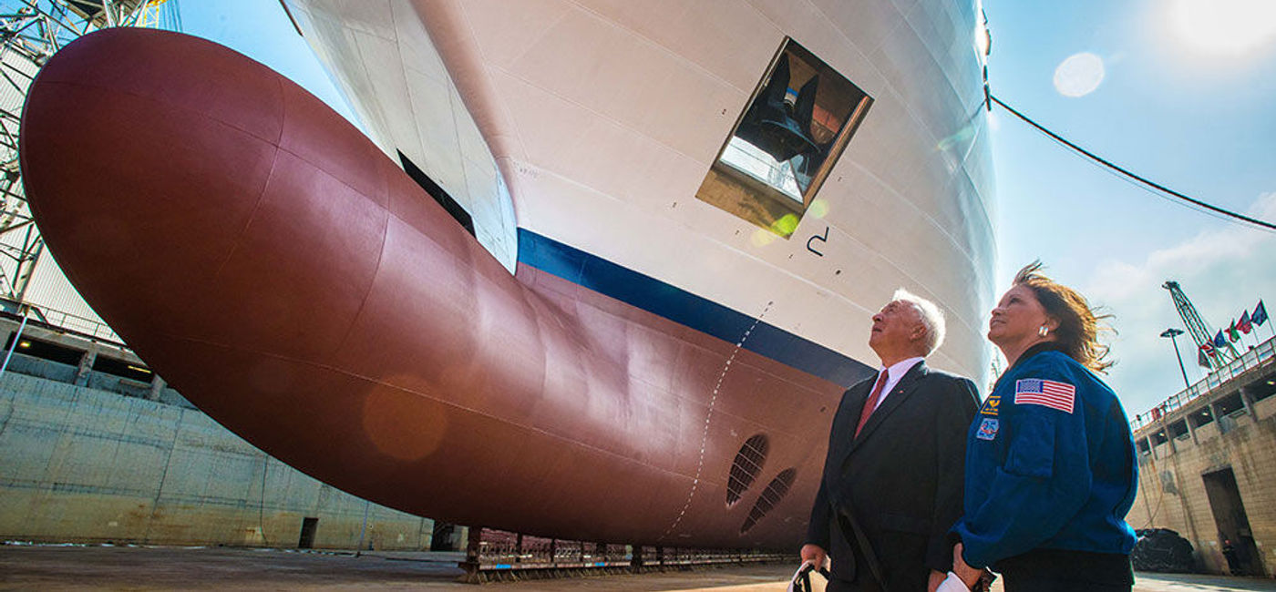 Image: PHOTO: Viking Cruises Chairman Torstein Hagen and Dr. Anna Fisher look up at Viking Orion. (photo courtesy of Viking Cruises)