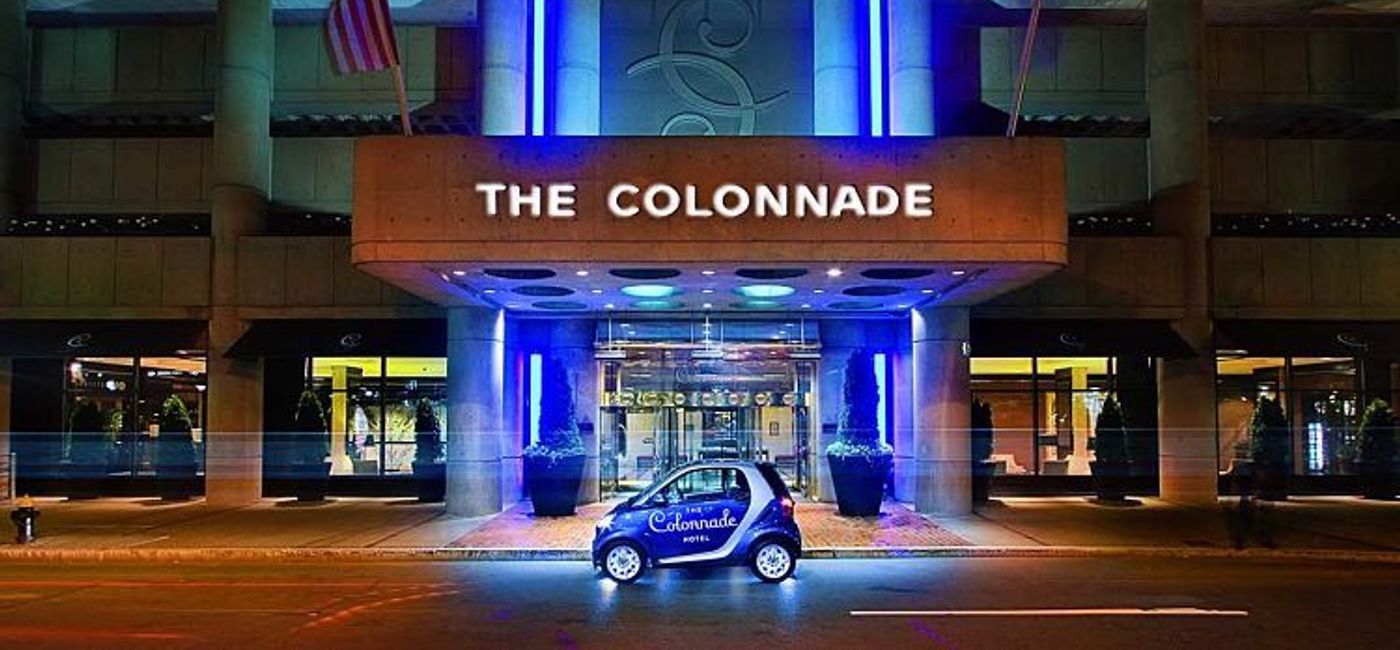 Image: PHOTO: The Colonnade Hotel Boston's main entrance with rentable mini car. (photo courtesy of The Colonnade Hotel)