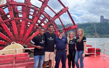 From left, Tre Tipton, William Jeffers, Chief Engineer Rick Newbegin, Alexandra Jaksec and Lauren Wasylson aboard American Countess.