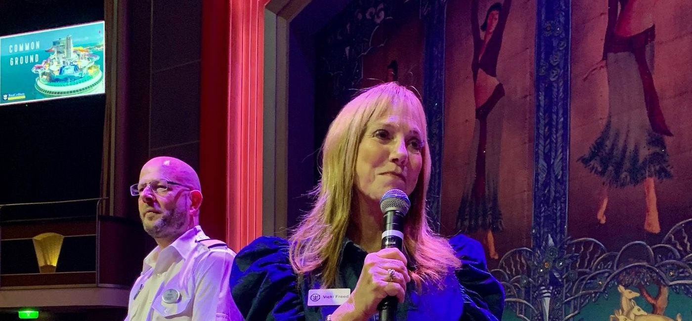 Image: Vicki Freed speaks to travel advisors aboard Navigator of the Seas as Royal Caribbean homeports a ship in Southern California for the first time in 11 years. (Bruce Parkinson)