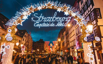 Entrance to the main shopping lane in Strasbourg's Christmas Market in Alsace, France.