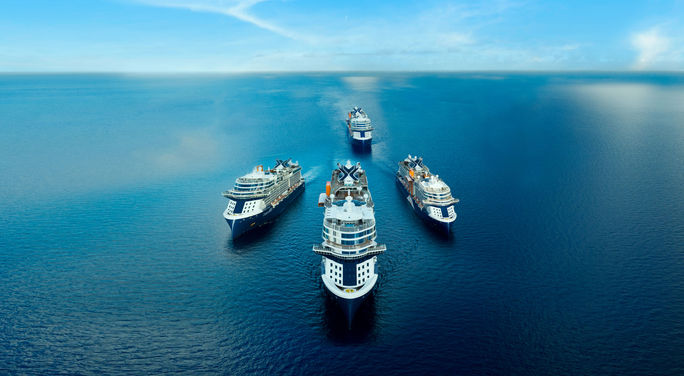 A rendering of Celebrity Cruises' Edge Series fleet. Celebrity Cruises, Edge Series, Celebrity Edge, Celebrity Apex, Celebrity Ascent, Celebrity Beyond