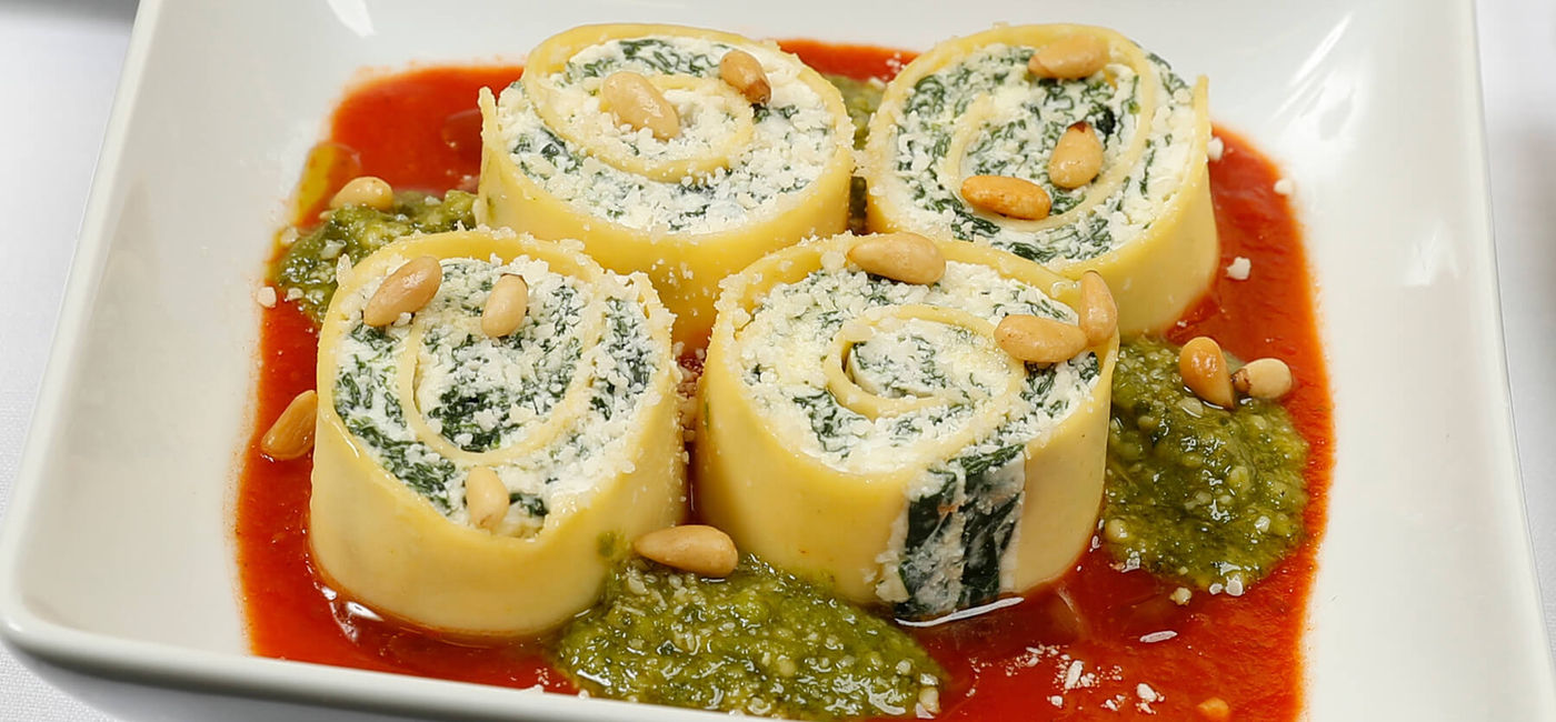Image: PHOTO: Chef Sarah Grueneberg's Spinach and Ricotta Rotolo Pasta. (photo courtesy of American Airlines)