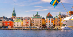 Old Town, waterfront, docks, Stockholm, Sweden, flag