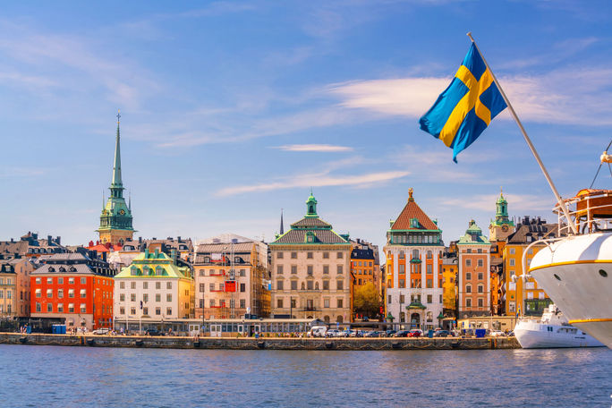 Old Town, waterfront, docks, Stockholm, Sweden, flag