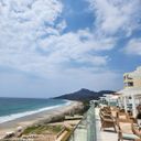 The coastline of the resort, featuring the Pacific Ocean and the Sierra Madre Occidental mountain range
