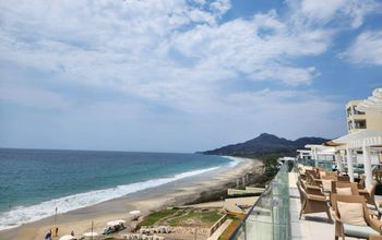 The coastline of the resort, featuring the Pacific Ocean and the Sierra Madre Occidental mountain range