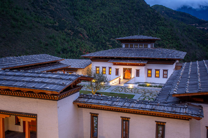 Exterior view of the Bhutan Spirit Sanctuary, Paro, Bhutan. Bhutan Spirit Sanctuary, Paro, Bhutan, Himalayas, wellness, retreats, resorts