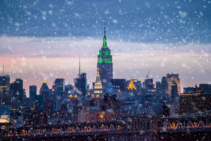 Snow falling on New York City. Snow, snowfall, snowflakes, snowstorm, New York City, New York, holidays, winter, Christmas