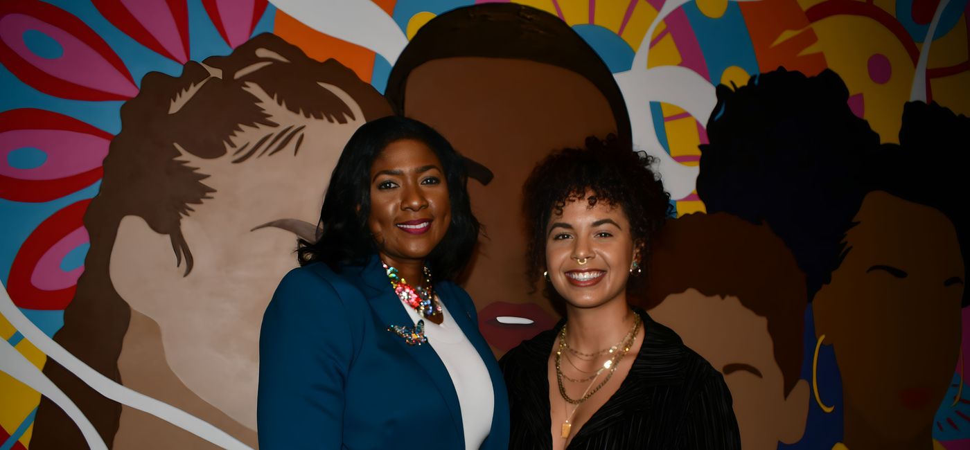 Image: Director General Latia Duncombe Bahamian artist and curator Angelika Wallace-Whitfield in front of her Junkanoo-Inspired Mural at the launch of the 'Our Ocean, Our Future', in Miami, Florida, on February 15. (Director General Latia Duncombe Bahamian artist and curator Angelika Wallace-Whitfield)