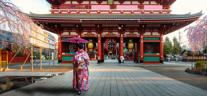 Young Asian woman wearing a Japanese kimono sightseeing at Senso-ji Temple gate with cherry blossom trees during a spring morning in Asakusa district of Tokyo. Young Asian woman wearing a Japanese kimono sightseeing at Senso-ji Temple gate with cherry blossom trees during a spring morning in Asakusa district of Tokyo.
