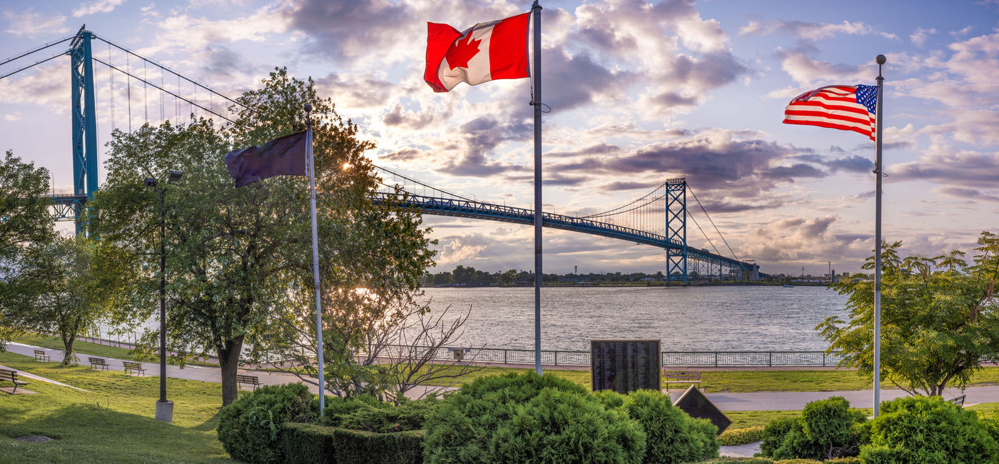 Image: he Ambassador Bridge, U.S. - Canada Trade Corridor. (photo via Steven_Kriemadis / iStock / Getty Images Plus)