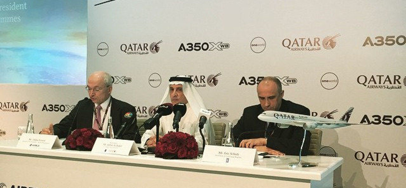 Image: PHOTO: A Qatar Airways A350 press conference with Qatar CEO Akbar Al Baker at center. (photo by Paul Thompson)