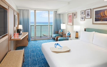 Oceanfront King room at the newly renovated Outrigger Reef Waikiki Beach Resort on Oahu, Hawaii.