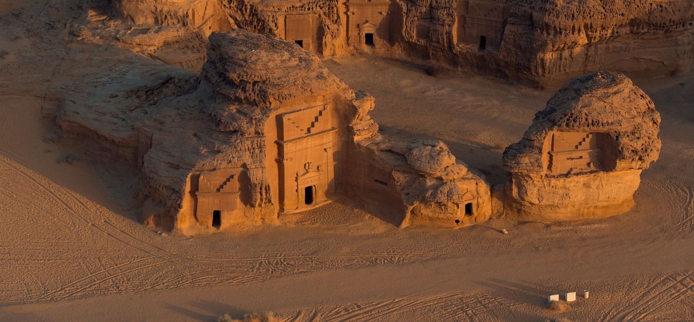 Image: Aerial view of Hegra in AlUla, the ancient sister city to Petra. (photo Saudi Tourism Authority) ((photo Saudi Tourism Authority))