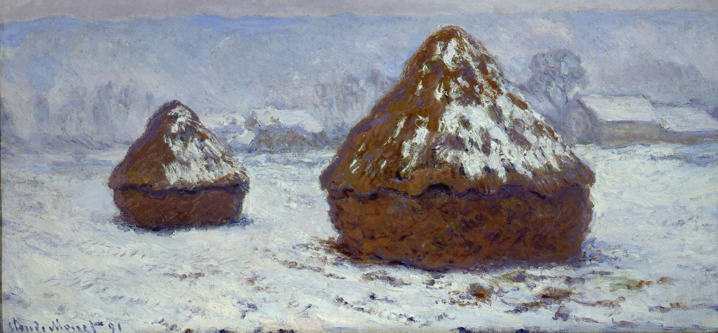 Image: PHOTO: Claude Monet, Grainstacks, Snow Effect, 1891. Oil on canvas, 23 x 39 in.(60 x 100 cm). Collection of Shelburne Museum Gift of Electra Havemeyer Webb Fund, Inc., 1972-69.1. (Photo via Denver Art Museum)