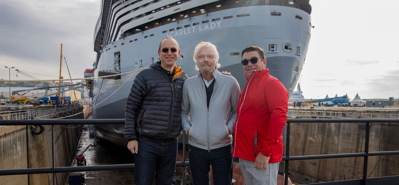 Image: PHOTO: Virgin Founder Sir Richard Branson (center) with Virgin Atlantic CEO Shai Weiss (left) and Virgin Voyages CEO Tom McAlpin (right). (Photo courtesy of Virgin Voyages)