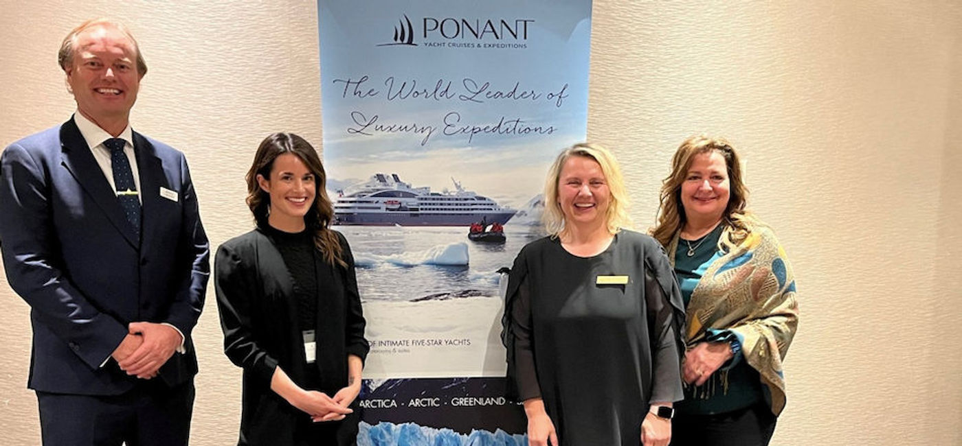 Image: L to R – Frederic Jansen, Global Brand Ambassador for Ponant; Erica Barbour, Business Development Manager Quebec, Ponant - Olga Sebestova, Cruise Strategies Ltd; Theresa Gatta, VP Sales North America, Ponant. (Ponant)