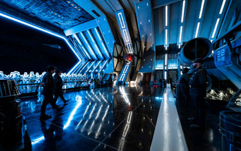 A TIE fighter sits docked on the First Order star destroyer on Walt Disney World's Rise of the Resistance at Star Wars: Galaxy’s Edge