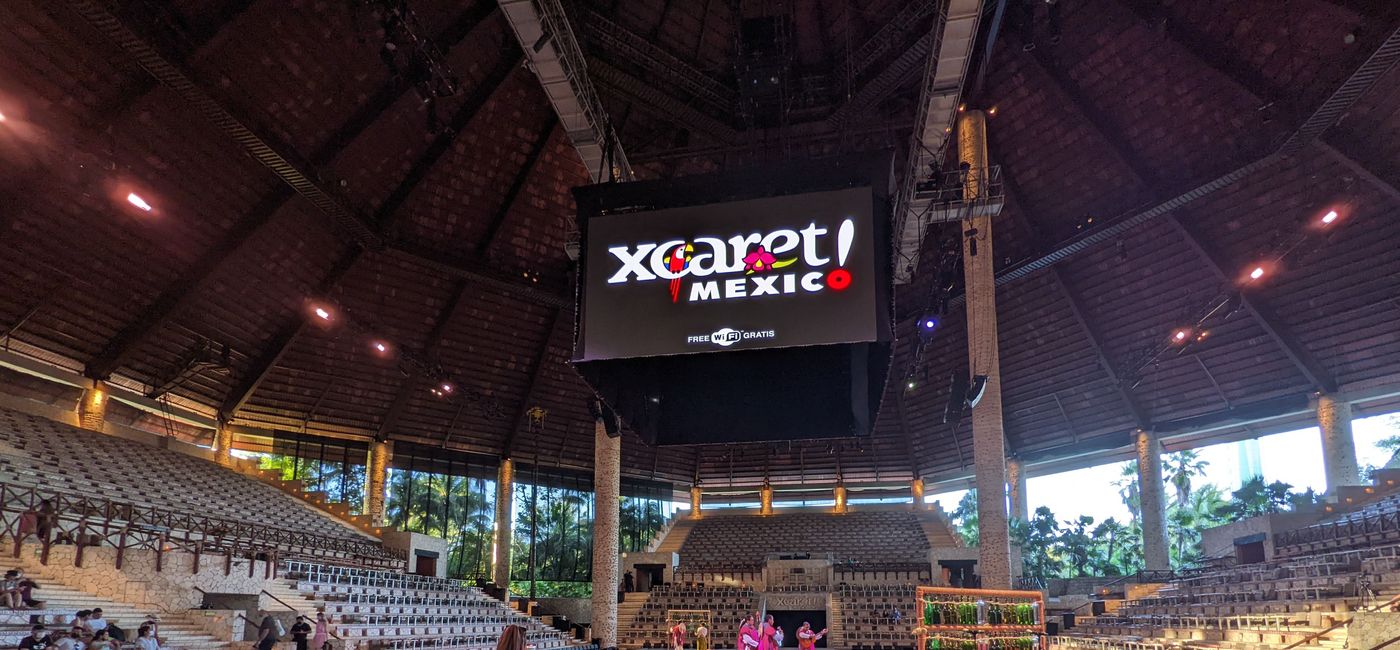 Image: On stage before the Xcaret México Espectacular night show (photo by Eric Bowman)