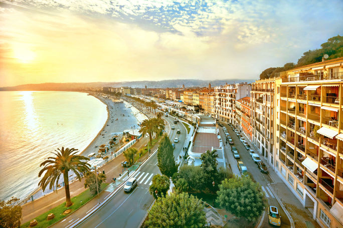Promenade des Anglais in Nice at sunset. Cote d’Azur, France Promenade des Anglais in Nice at sunset. Cote d’Azur, France