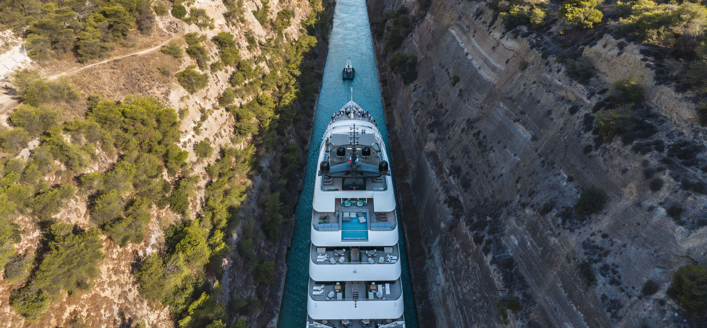 Image: The Emerald Sakara sails through the Corinth Canal on the beginning of its first sailing.  (Photo Credit: Emerald Cruises)