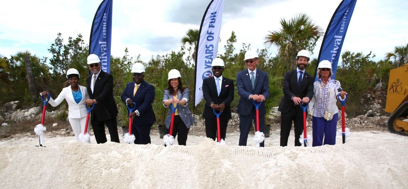 Image: From left, Minister for Grand Bahama Ginger Moxey, Carnival Corporation President and CEO Arnold Donald, Bahamas Prime Minister Philip Davis, Carnival Cruise Line President Christine Duffy, Bahamas Deputy Prime Minister I. Chester Cooper, Carnival Corporation Senior Vice President, Port and Destination Development Giora Israel, Carnival Corporation Chief Operations Officer Josh Weinstein, Grand Bahama Port Authority Acting Chairman Sarah St. George. (photo via Lisa Davis, BIS) (travAlliancemedia, LLC - Media License)