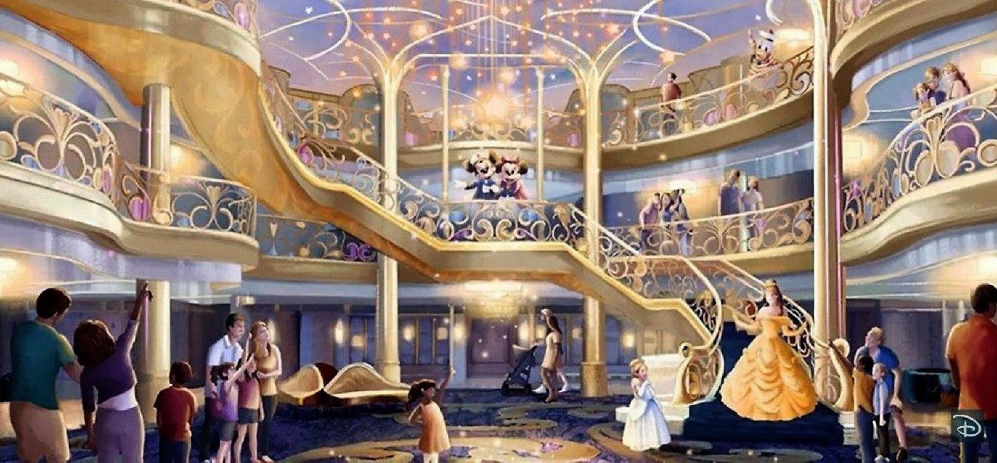 Image: A rendering of the three-story atrium on the new Disney Wish cruise ship. (photo via Disney Cruise Lines)