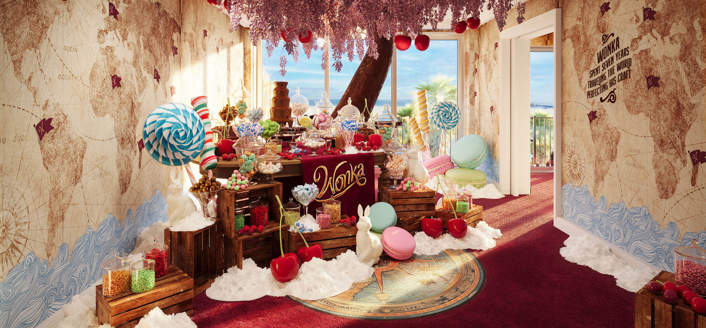 Image: Rendering of the living room area in one of ‘Wonka’s Sweet Suites’.  (Photo Credit: Booking.com)
