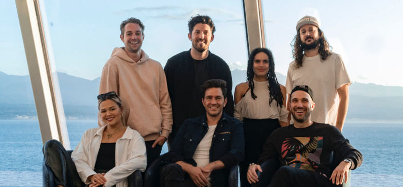 Image: Top row, left to right: Andrew Hass, Ian Franzino, Shungudzo Kuyimba, Julian Bunetta, Bottom row, left to right: Liza Owen, Andy Grammer, John Ryan. (photo via Norwegian Cruise Line)