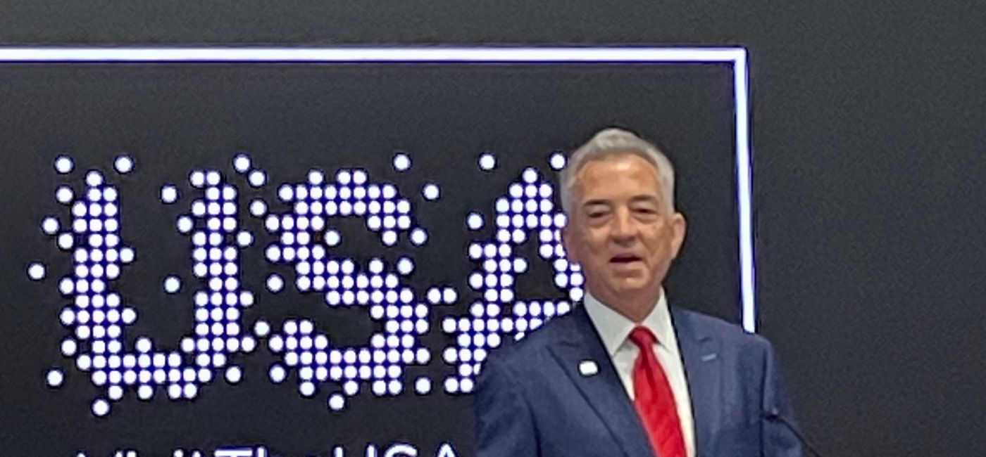 Image: Chris Thompson, president and CEO for Brand USA, speaks at the opening press conference for IPW. (Bruce Parkinson)