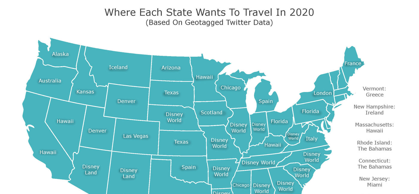Image: PHOTO: Map of the most mentioned travel destinations by state. (image courtesy of daringplanet.com)