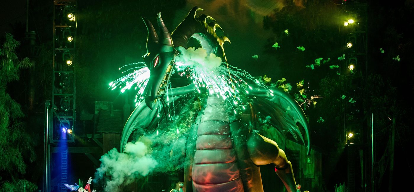 Image: Mickey Mouse takes on the Maleficent dragon onstage during Fantasmic! at Disneyland Park, Anaheim, Califoria. (photo courtesy of Disneyland Resort)